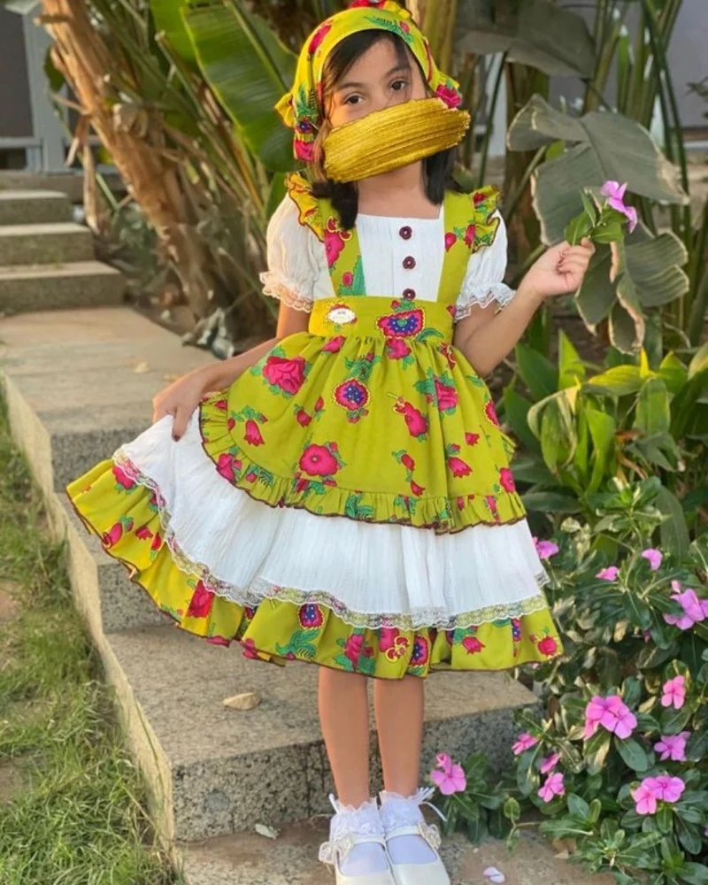 فستان شالكي اطفال اخضر - فستان قرقيعان طبقات مع ربطة رأس