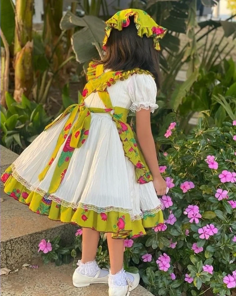 فستان شالكي اطفال اخضر - فستان قرقيعان طبقات مع ربطة رأس