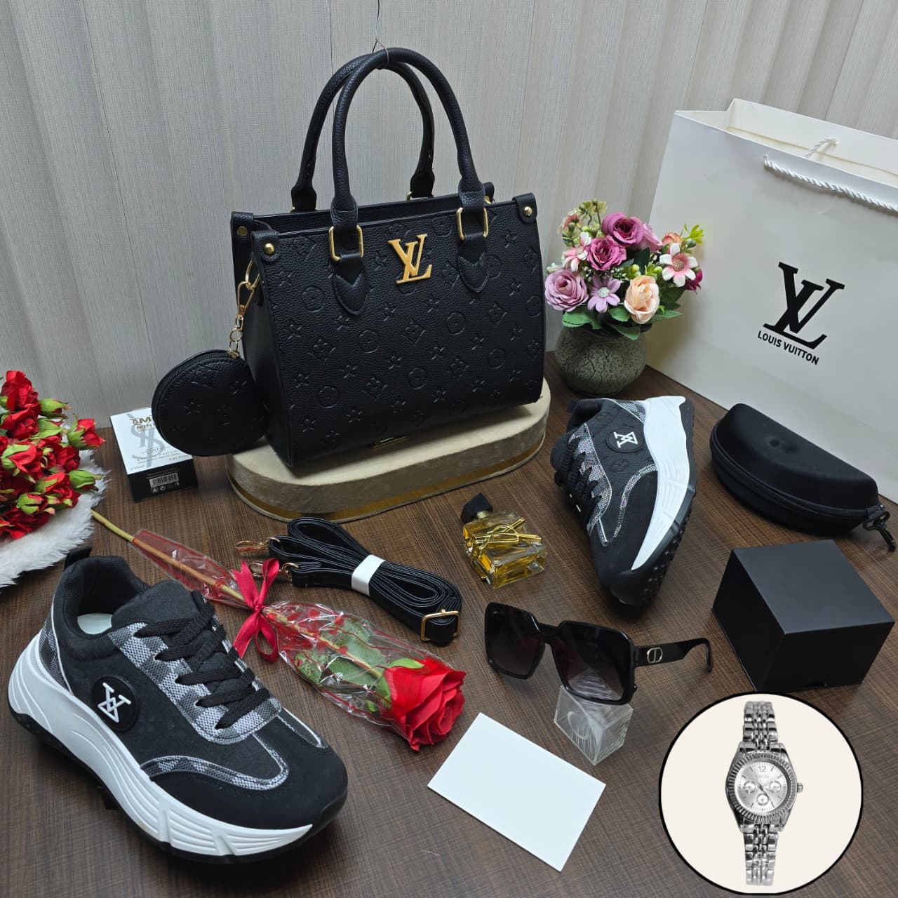 هدايا العيد نسائية - بوكس شنطة وشوز ماركة مع ساعة وعطر ونظارة