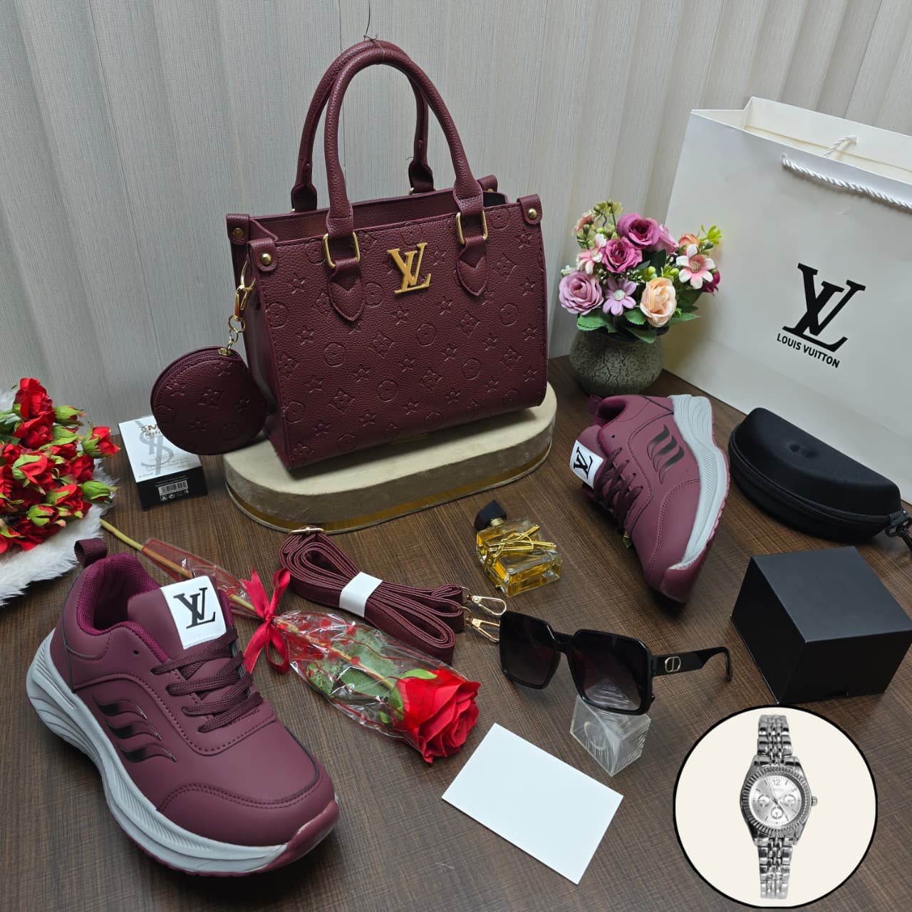 هدايا العيد نسائية - بوكس شنطة وشوز ماركة مع ساعة وعطر ونظارة