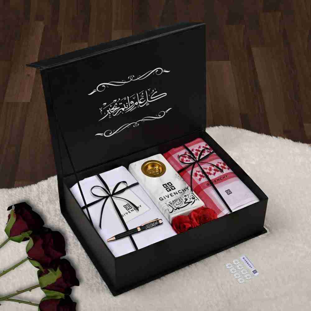 بوكس هدايا رجالي فاخر ماركة جيفنشي – شماغ، قماش، مبخرة، قلم بالاسم