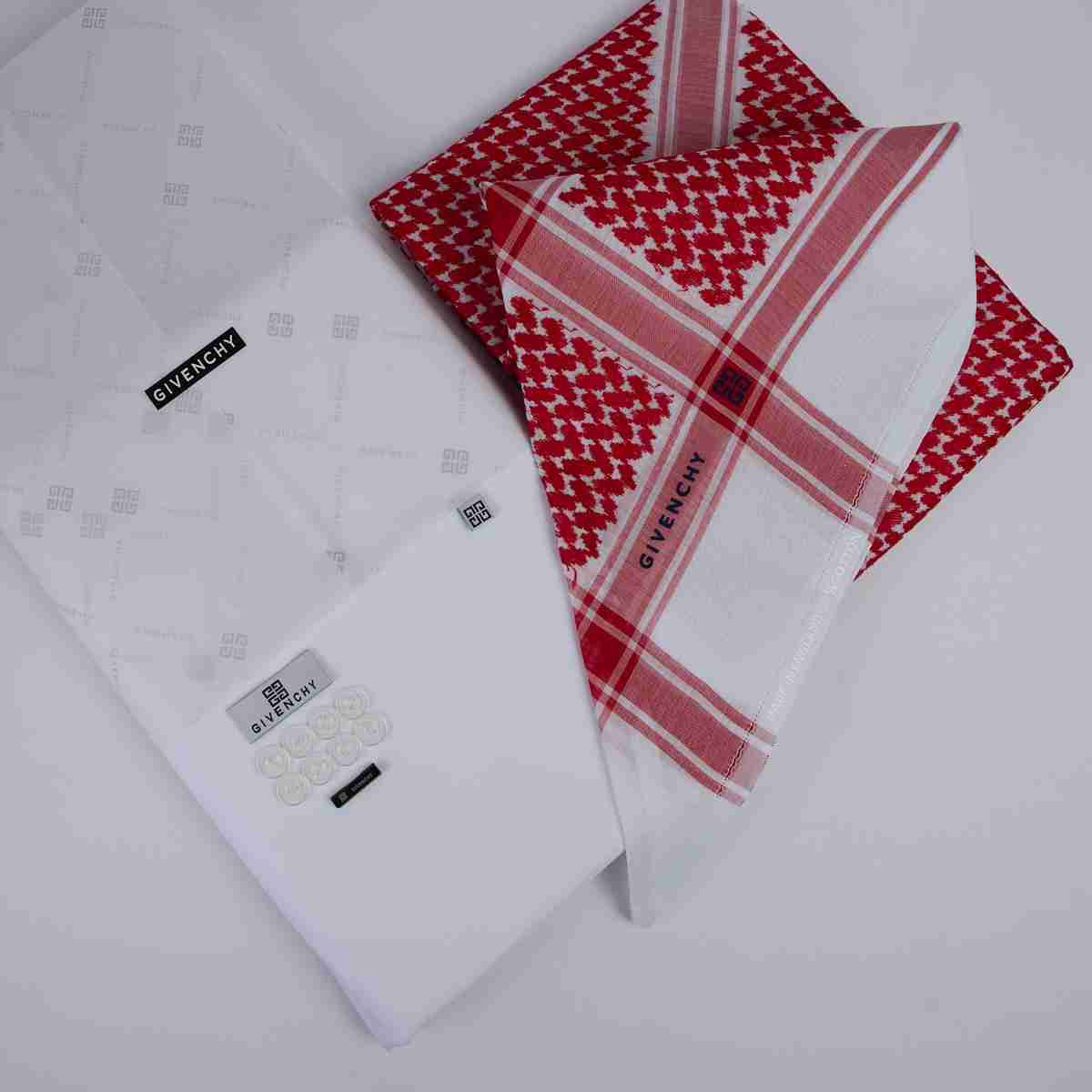 طقم هدايا رجالي جيفنشي - شماغ جيفنشي أحمر وقماش صيفي فاخر