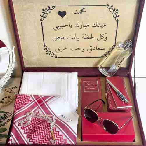 بوكس اهداء رجالي فخم قماش وشماغ مع مجموعة اكسسوارات رجالية